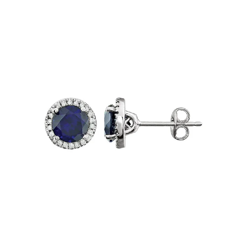 Unique Silver Stud Earrings-8mm Halo Style Created Sapphire & Diamond Earrings in 14k White Gold