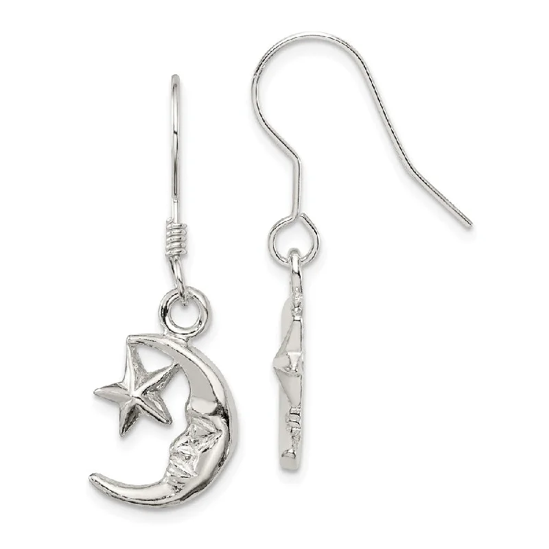 Handmade Earrings-Polished Crescent Moon and Star Dangle Earrings in Sterling Silver