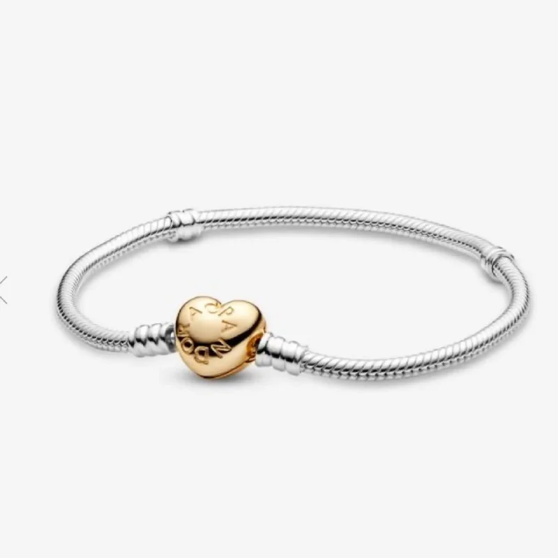 Custom Engraved Gold Bracelets-Pandora Moments Heart Clasp Snake Chain Bracelet