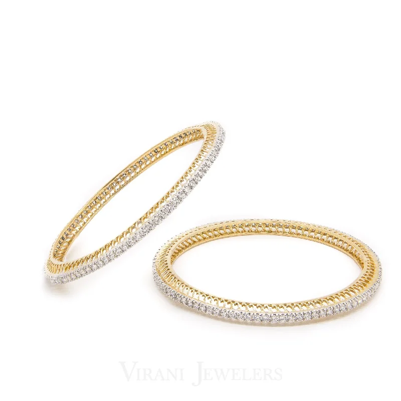 Silver and Gold Bangles-6.34CT Round Brilliant Diamond Bangles In 18K Yellow Gold, Set of 2