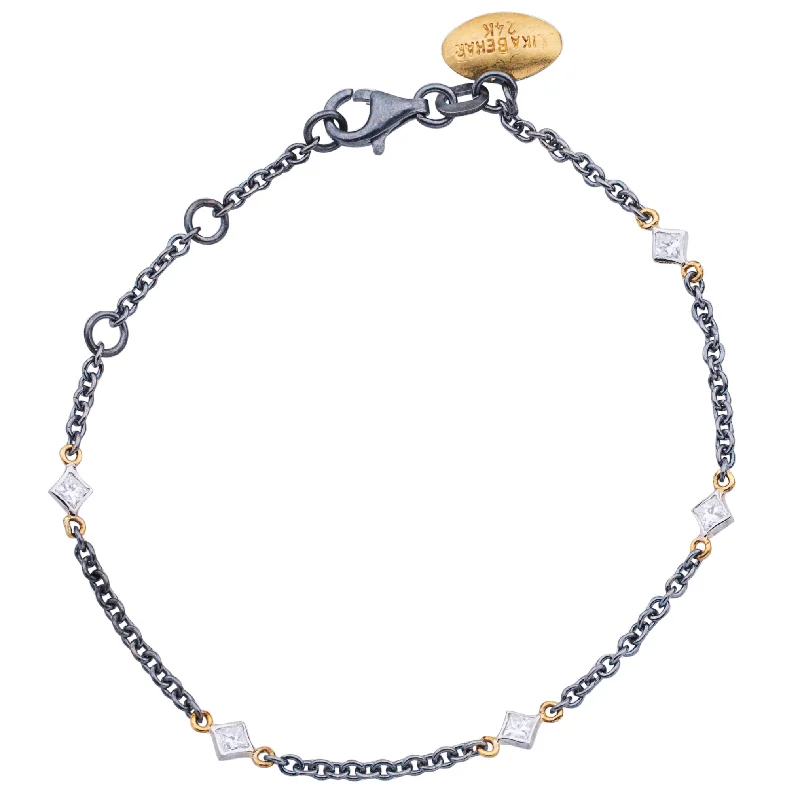 Beautiful Link Bracelets-Lika Behar "Chained" Bracelet Oxidized Silver with 5 Square Diamonds