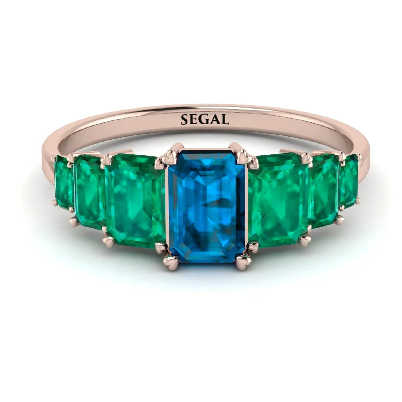 Gold Wedding Bands for Women-Emerald Cut Blue Topaz Geometrical Ring - Briella No. 505