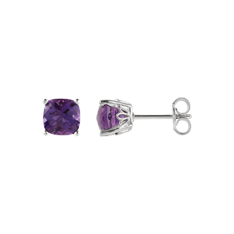 Bohemian Style Earrings-6mm Cushion Amethyst Stud Earrings in 14k White Gold