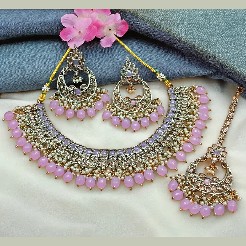 Wedding Gold Necklaces-Gehana Mahal Gold Plated Crystal Stone Pearl And Beads Necklace Set