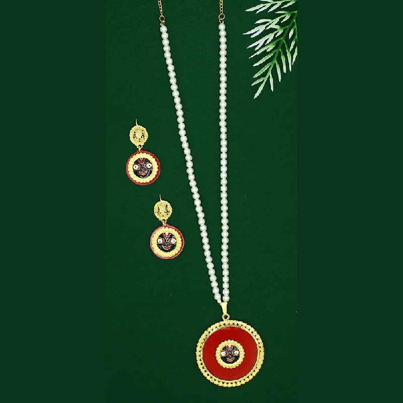 High-End Gold Necklaces-Mahavir Dye Gold Plated Pearl Long Necklace Set