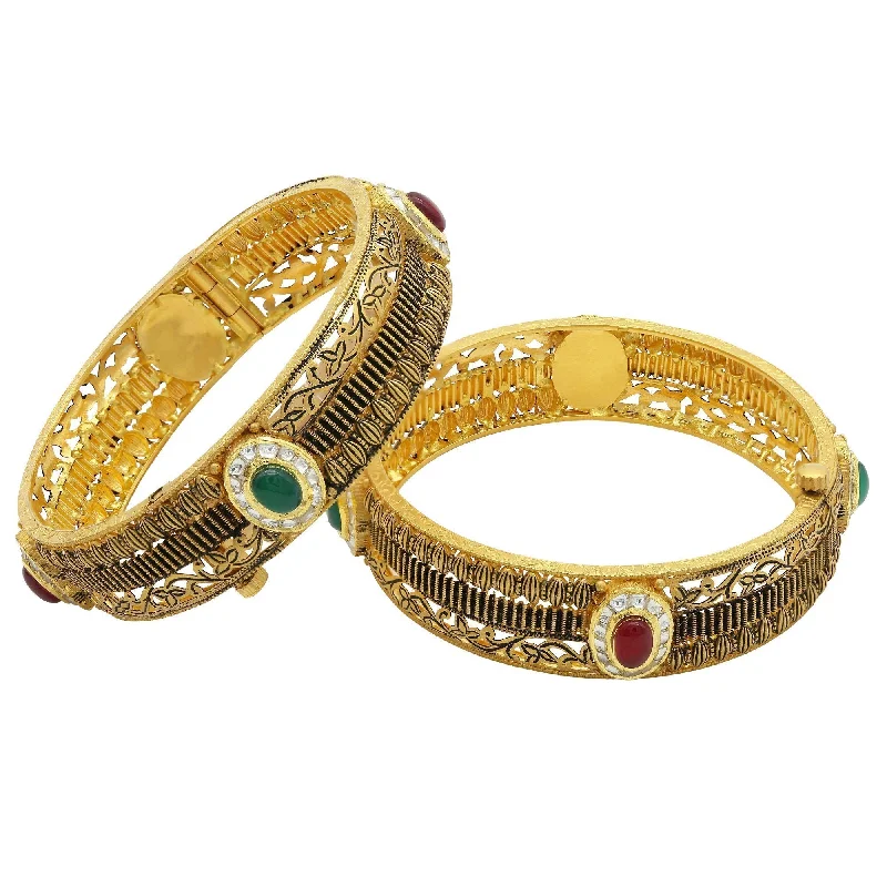 Trendy Silver Bangles-22K Antique Gold Kada Bangles, W/Ruby & Emerald, Set of 2