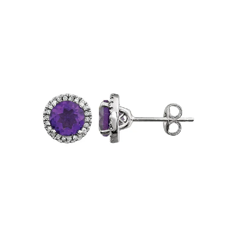 Diamond Stud Earrings-8mm Halo Style Amethyst & Diamond Earrings in 14k White Gold