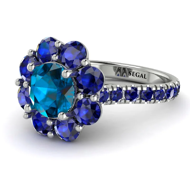 Designer Diamond Wedding Rings-Glamorous Blue Topaz Halo Engagement Ring - Amaya No. 515