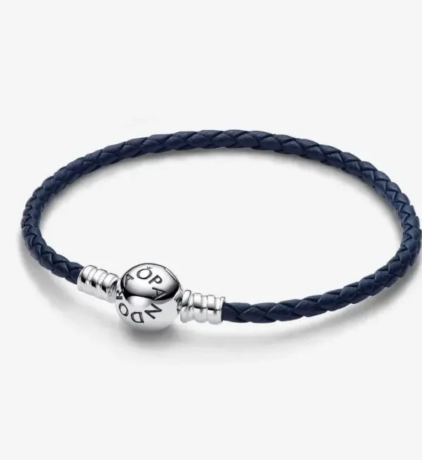 Stylish Chain Link Bracelets-Pandora Moments Round Clasp Blue Braided Leather Bracelet