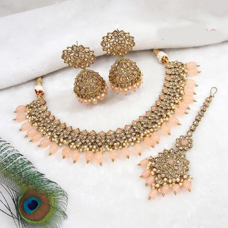 Trendy Choker Necklaces-Mangalmani Jewels Gold Plated Crystal Stone Pearl And Beads Necklace Set