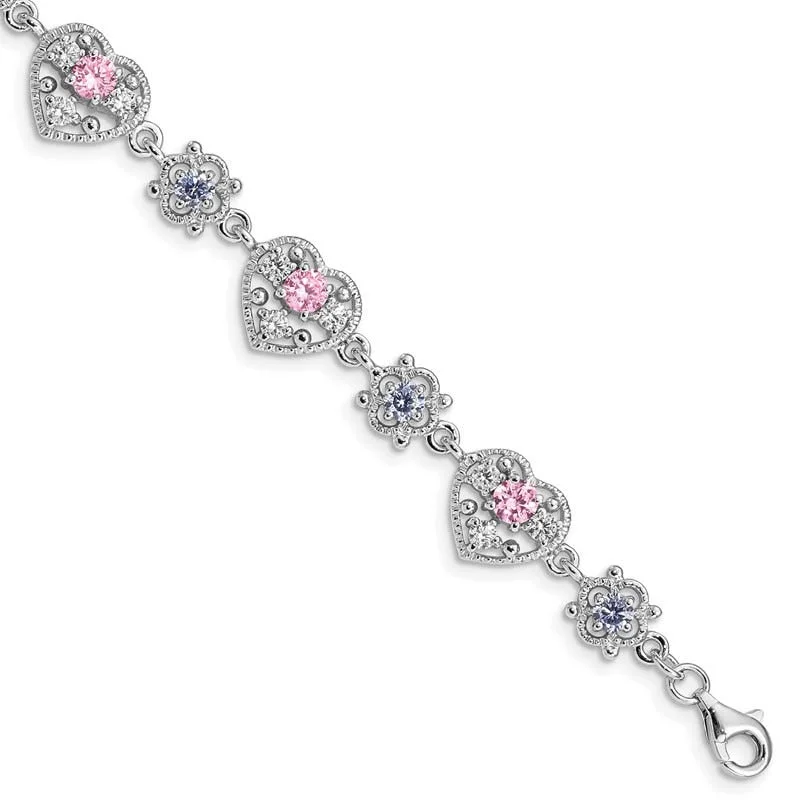 Simple Diamond Link Bracelets-Sterling Silver Rhod-plated 7inch Pink and Clear CZ Heart Bracelet