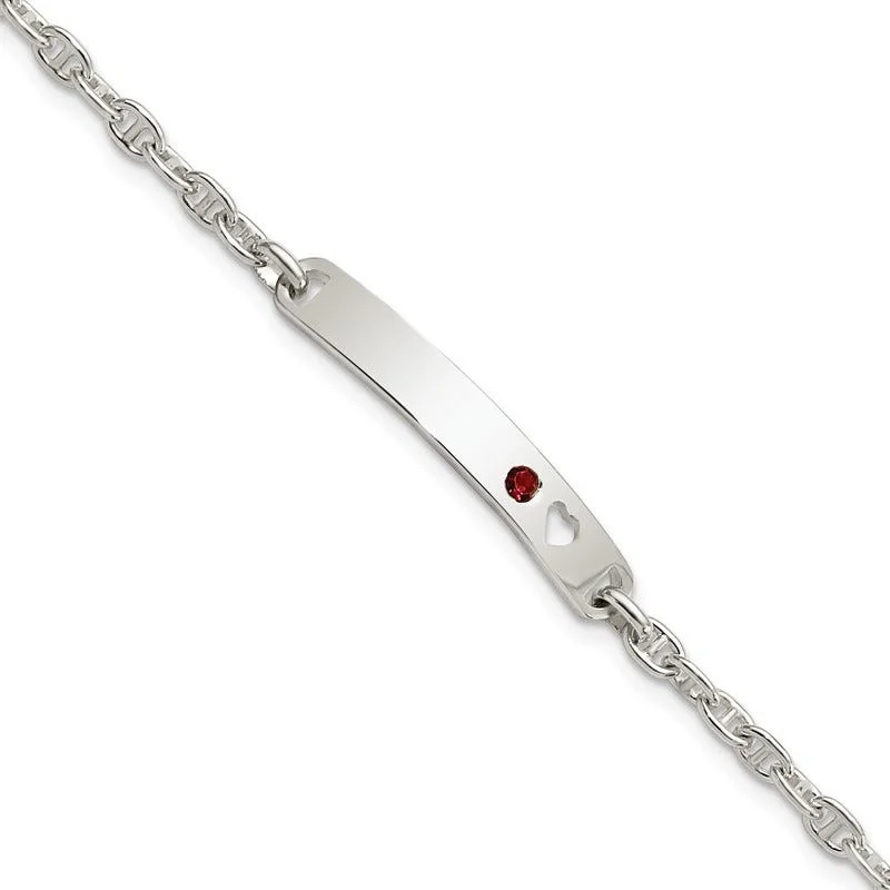 Elegant Chain Link Bracelets-Sterling Silver Polished ID with Red CZ Heart Bracelet