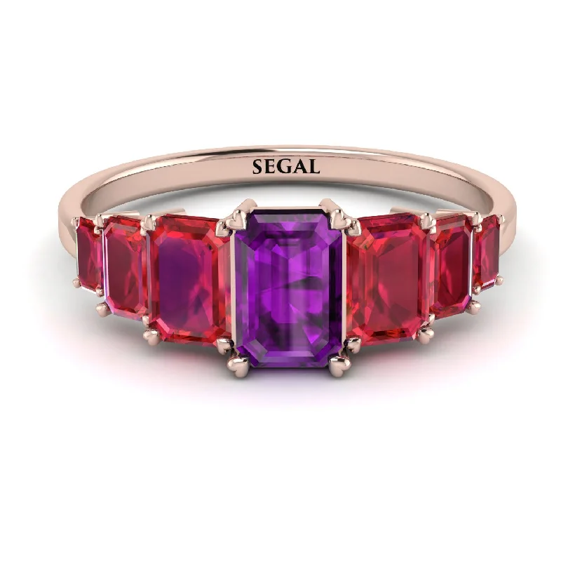 Simple Solitaire Rings-Emerald Cut Amethyst Geometrical Ring - Briella No. 311