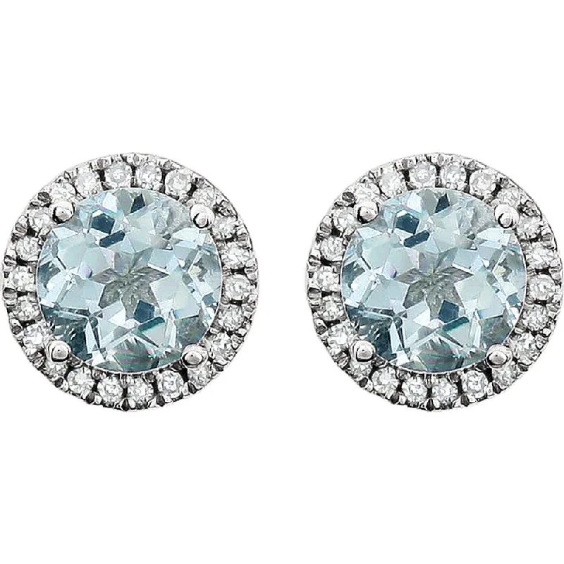 Trendy Earrings for Women-8mm Halo Style Aquamarine & Diamond Earrings in 14k White Gold