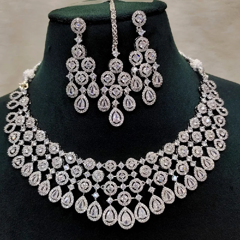 Fashionable Crystal Pendant Necklaces-Aamrapali Silver  Plated AD Necklace Set