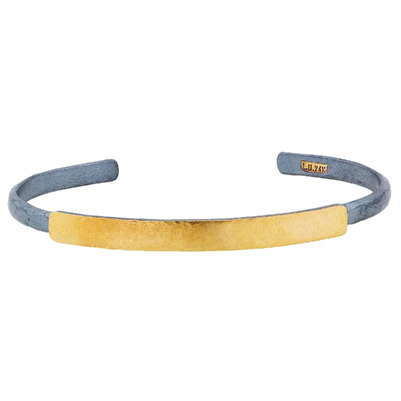 Sparkling Tennis Bracelets-Lika Behar "Stockholm" Thin Open Cuff ID Bracelet Oxidized Silver & 24K Gold