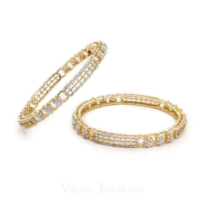 Large Statement Bangles-6CT Diamond Bangle Set, in 18K Yellow Gold, W/ Floral Hollow Link Accents