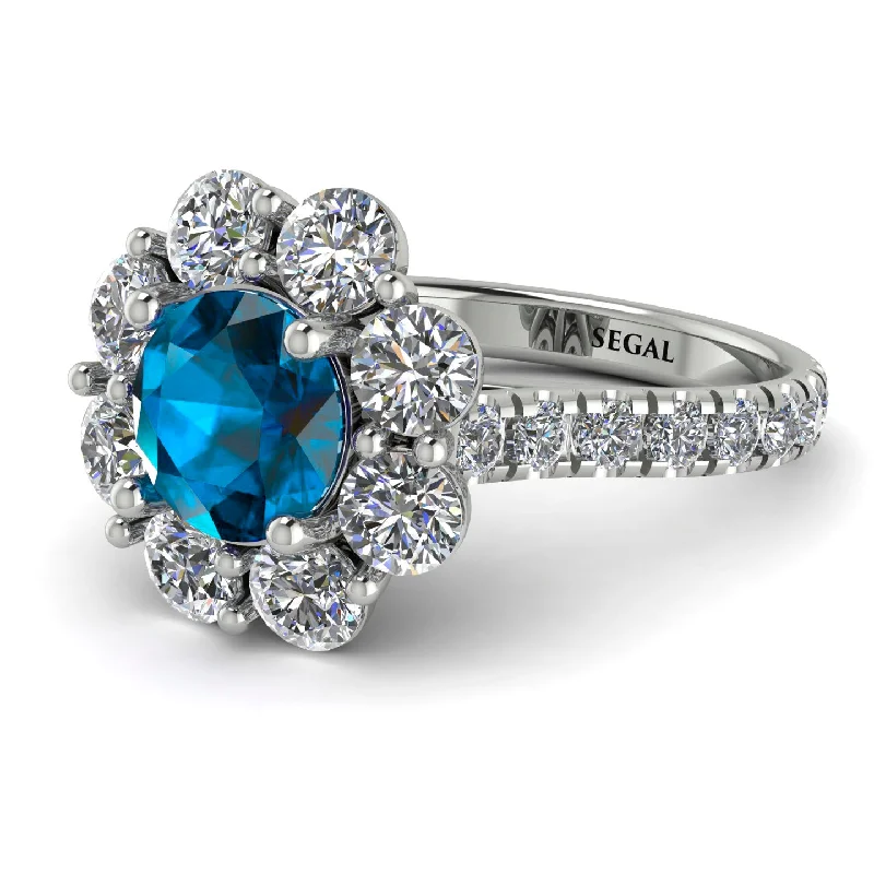 Designer Wedding Rings-Glamorous Blue Topaz Halo Engagement Ring - Amaya No. 503