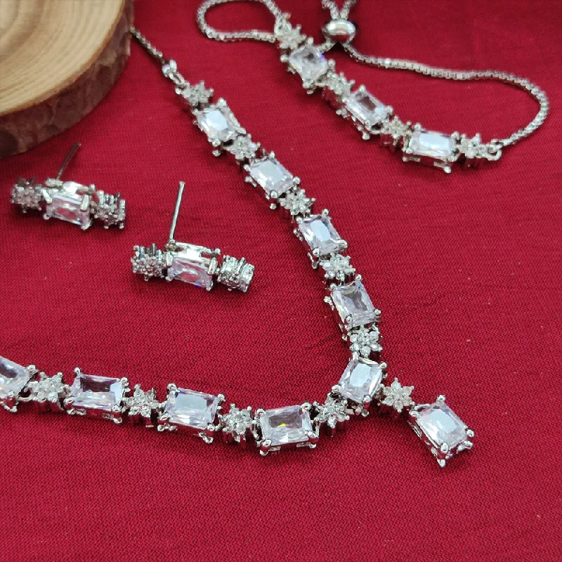 Round Gemstone Necklaces-Aamrapali Silver Plated AD Necklace Set