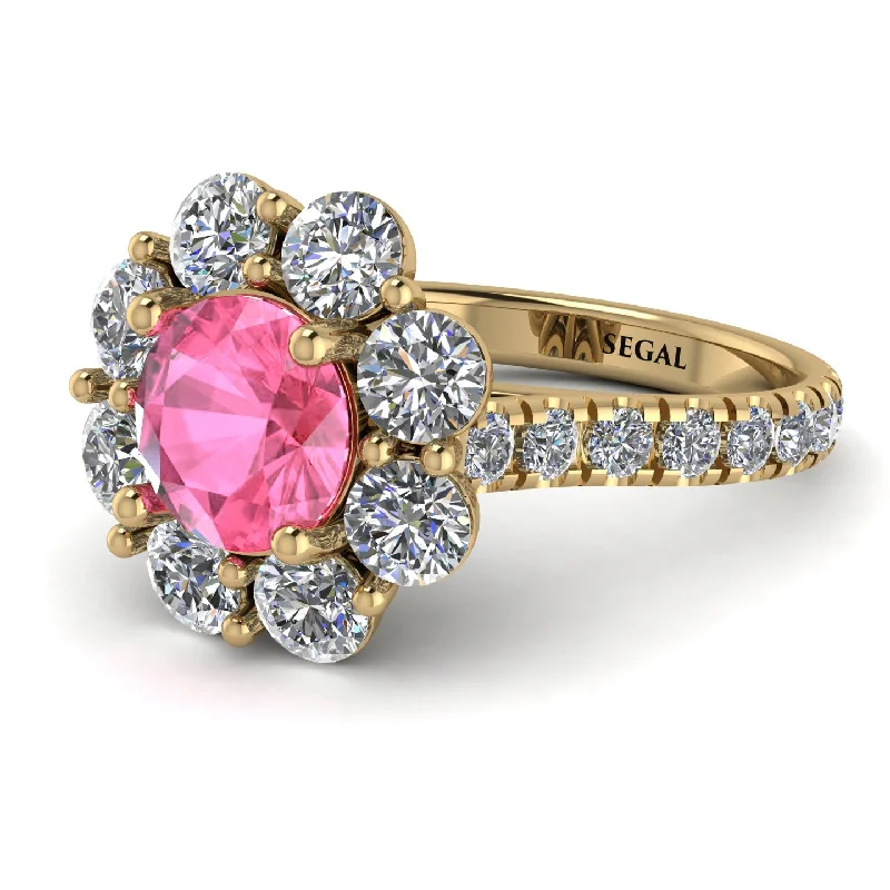 Adjustable Wedding Bands-Glamorous Pink Moissanite Halo Engagement Ring - Amaya No. 801