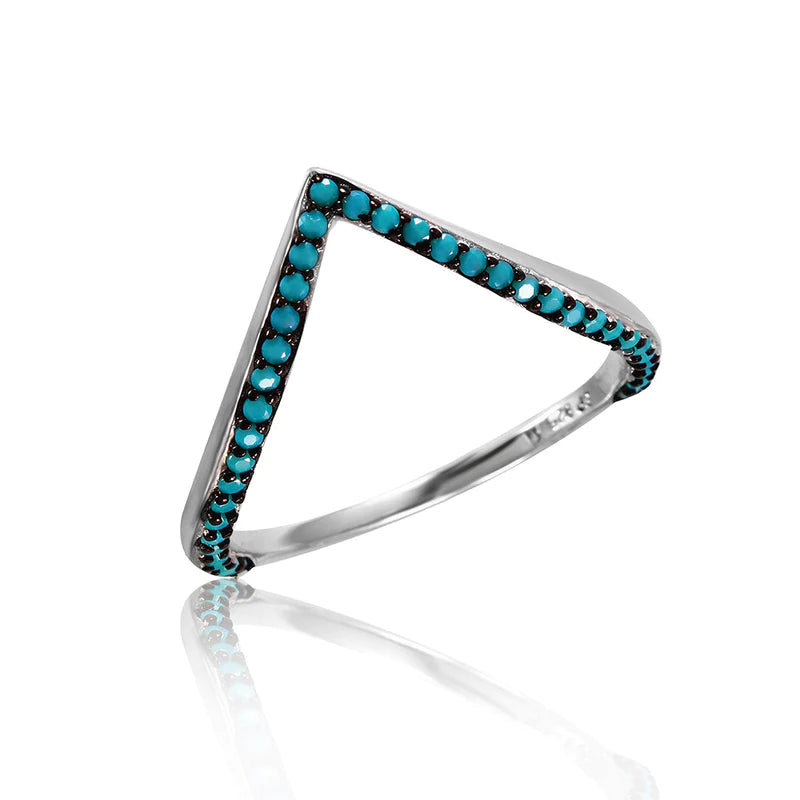 Silver and Gold Rings-Silver 925 Rhodium Plated V Ring with Turquoise Stones