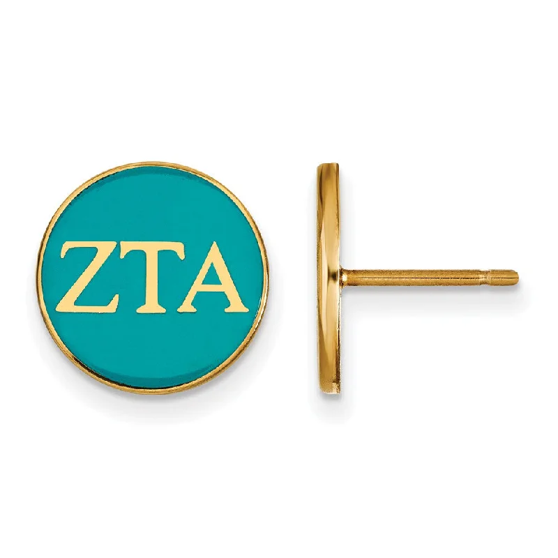 Premium Silver Earrings-14K Plated Silver, Blue-Green Enamel Zeta Tau Alpha Post Earrings