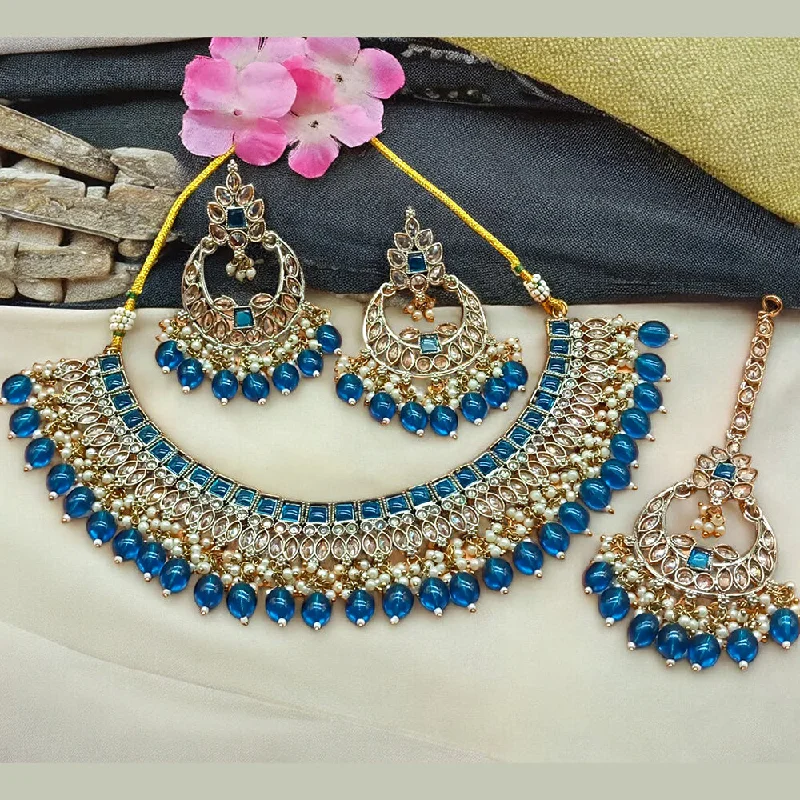 Vintage Chain Necklaces-Gehana Mahal Gold Plated Crystal Stone Pearl And Beads Necklace Set