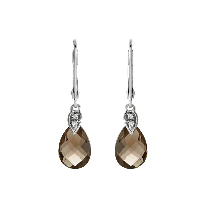 Crystal and Gemstone Earrings-Smoky Quartz Briolette & Diamond Lever Back Earrings in 14k White Gold