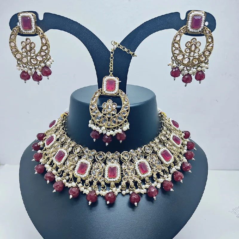 Luxury Pendant Necklaces-Palak Art Gold Plated Crystal Stone And Pearls Choker Necklace Set