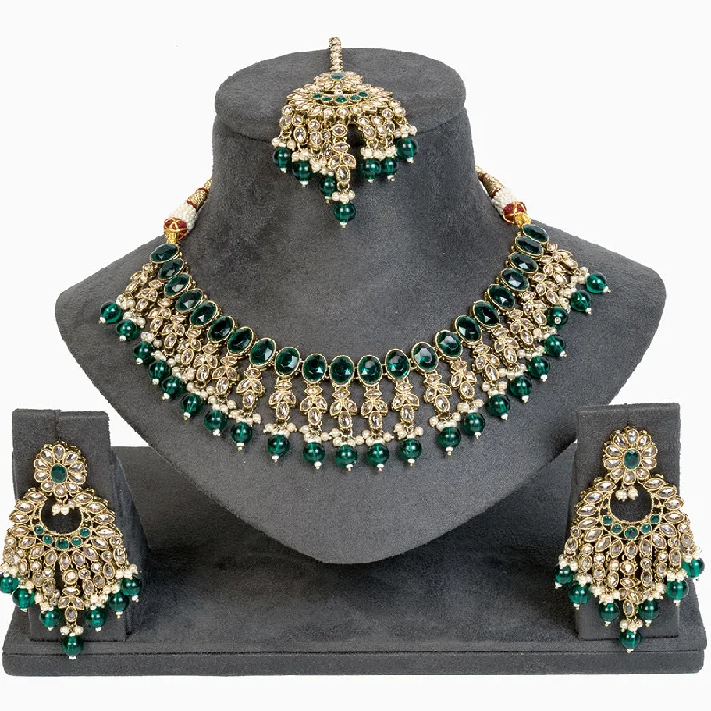 Gold Choker Necklaces-Mangalmani Jewels Gold Plated Crystal Stone Pearl And Beads Necklace Set