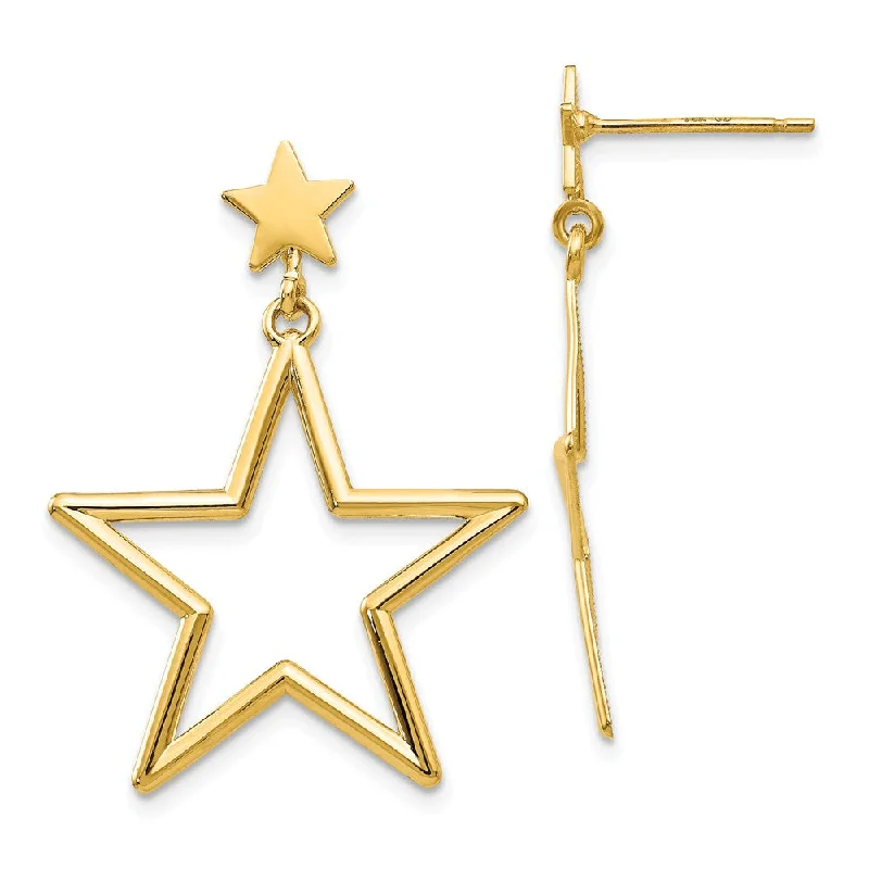 Simple Hoop Earrings-23mm Open Star Dangle Post Earrings in 14k Yellow Gold