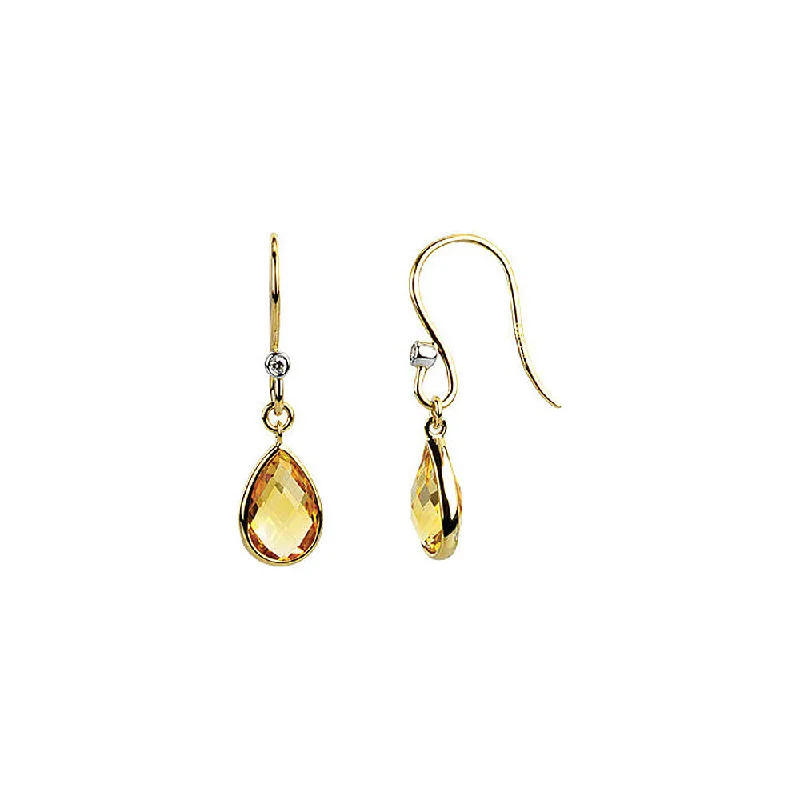 Gold Leaf Earrings-Citrine Teardrop & Diamond Dangle Earrings in 14k Yellow Gold