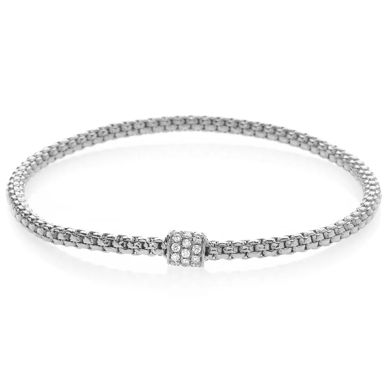 Fashionable Friendship Bracelets-Hulchi Belluni Bracelet Single Pave Diamond Barrel Bead White Gold