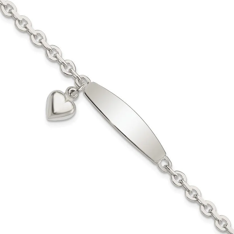 Fashionable Tennis Bracelet Sets-Sterling Silver Polished Rolo Link ID Heart Dangle Bracelet