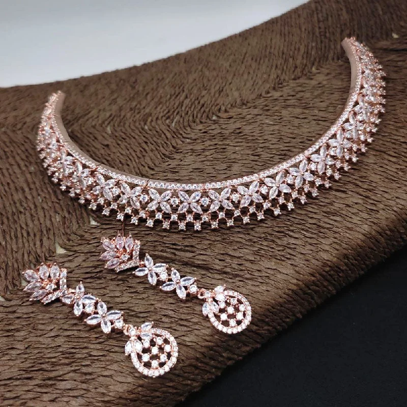 Custom Silver Necklaces-Aamrapali Rose Gold Plated AD Choker Necklace Set