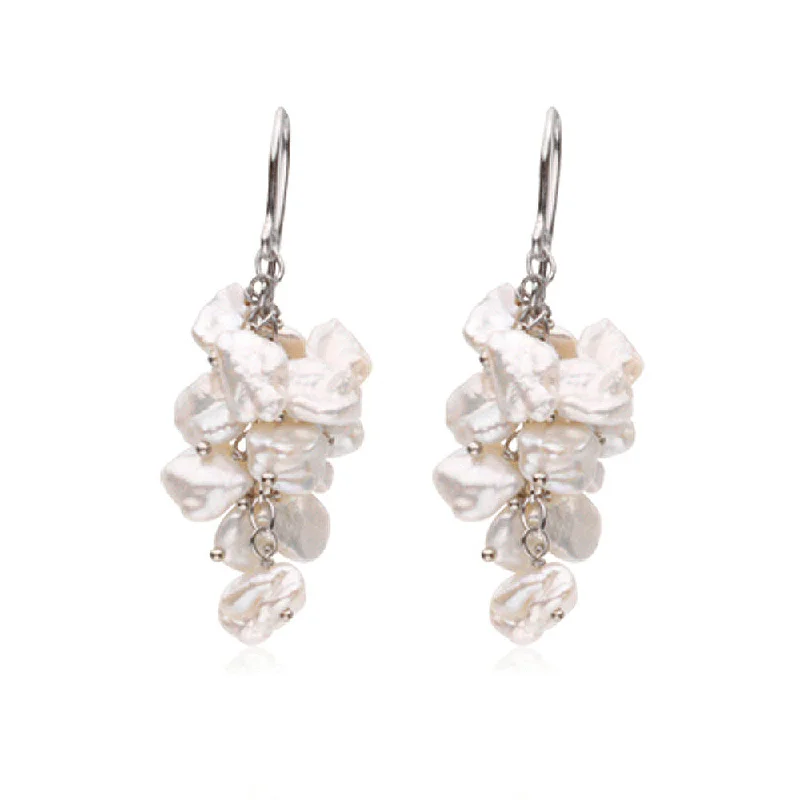 Affordable Silver Earrings-White Freshwater Cultured Keshi Pearl Earrings in Sterling Silver