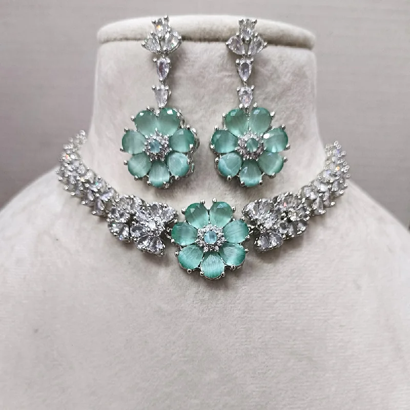 Simple Heart Necklaces-Exotica Collection American Diamond Mint Green Necklace Set