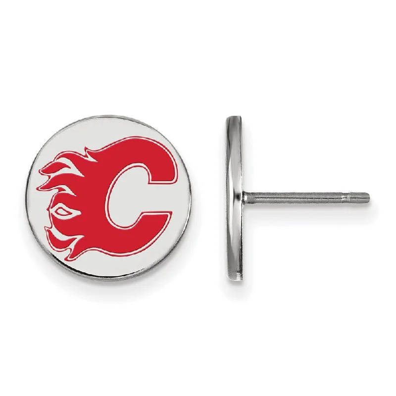 Luxury Wedding Earrings-Sterling Silver NHL Flames Small Enamel Disc Post Earrings