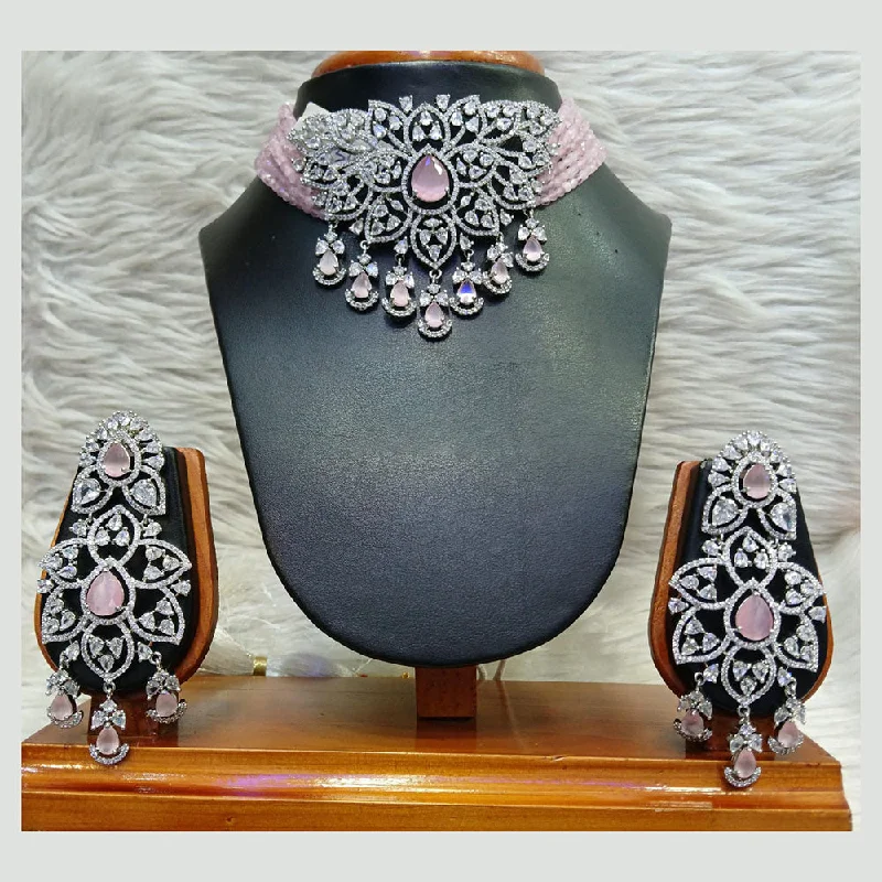 Luxury Diamond Necklaces for Weddings-Jain Jewellers Silver Plated AD Choker Necklace Set