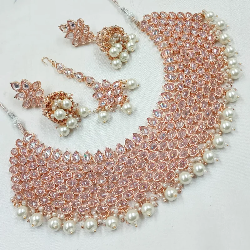 Sterling Silver Necklaces-Padmawati Bangles Rose Gold Plated Crystal Stone And Pearls Necklace Set