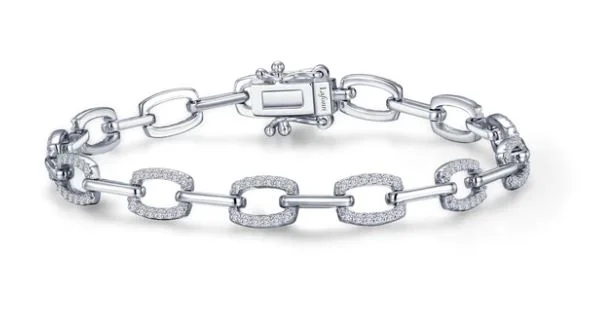 Trendy Bracelets for Men-Sterling Silver Alternating Link & Simulated Diamond Accented Bracelet by Lafonn