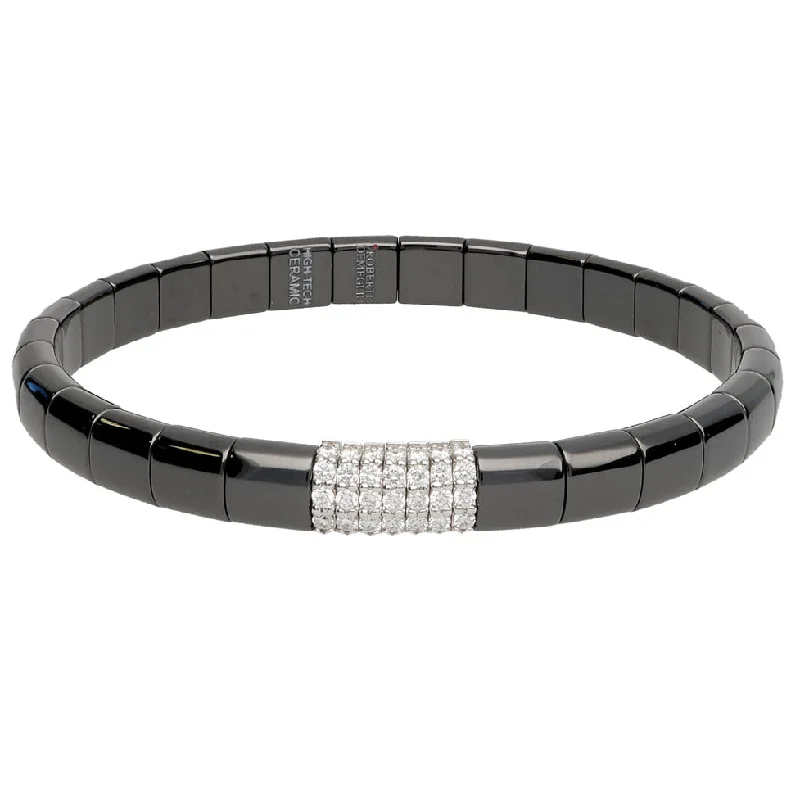 Minimalist Silver Chain Bracelets-Roberto Demeglio Pura Black Ceramic Elastic Bracelet with 7 Cluster Diamond Links Glossy .49ctw