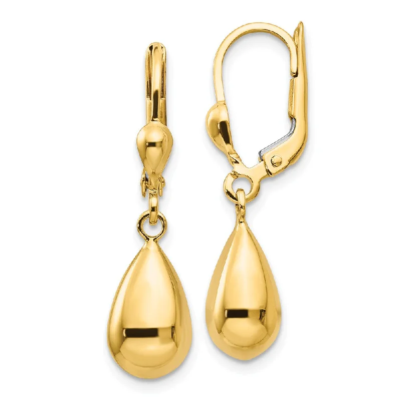 Pretty Pearl Earrings-Polished 3D Teardrop Lever Back Earrings in 14k Yellow Gold