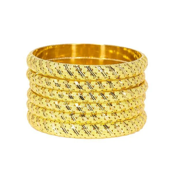 Fashionable Gemstone Wedding Bangles-22K Yellow Gold Bangles Set of 6 W/ Hollow Domed Band & Disc Accents, 92.6 gm