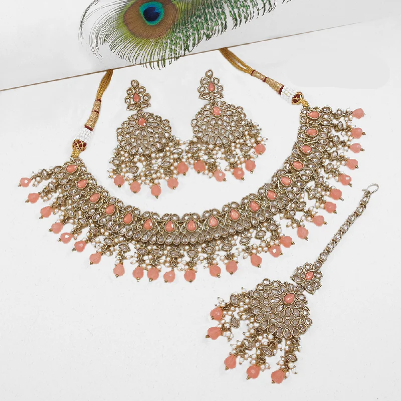 Beautiful Diamond Necklaces-Mangalmani Jewels Gold Plated Crystal Stone Pearl And Beads Necklace Set