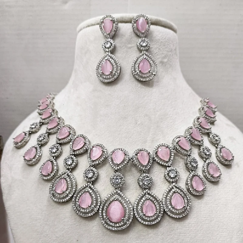 Long Gemstone Necklaces-Exotica Collection American Diamond Pink Necklace Set