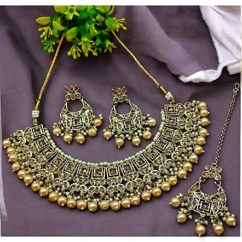 Handcrafted Gold Necklaces-Gehana Mahal Gold Plated Crystal Stone Pearl And Beads Necklace Set