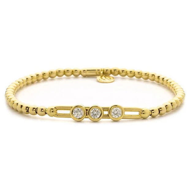 Luxury Tennis Bracelets for Brides-Hulchi Belluni Stretch Bracelet with Three Bezel Diamond Moveable Stations Yellow Gold