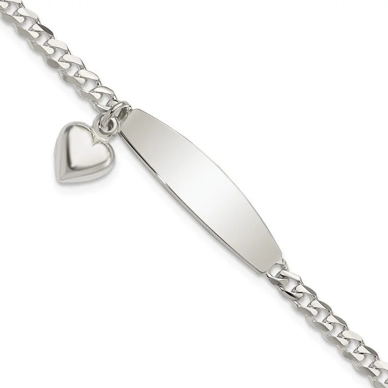 Custom Diamond Tennis Bracelets-Sterling Silver Polished Curb Link ID Heart Dangle 8.5in Bracelet