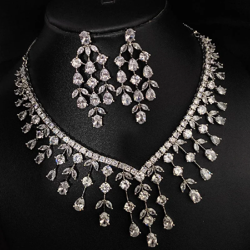 Diamond Choker Necklaces-Aamrapali Silver Plated AD Necklace Set